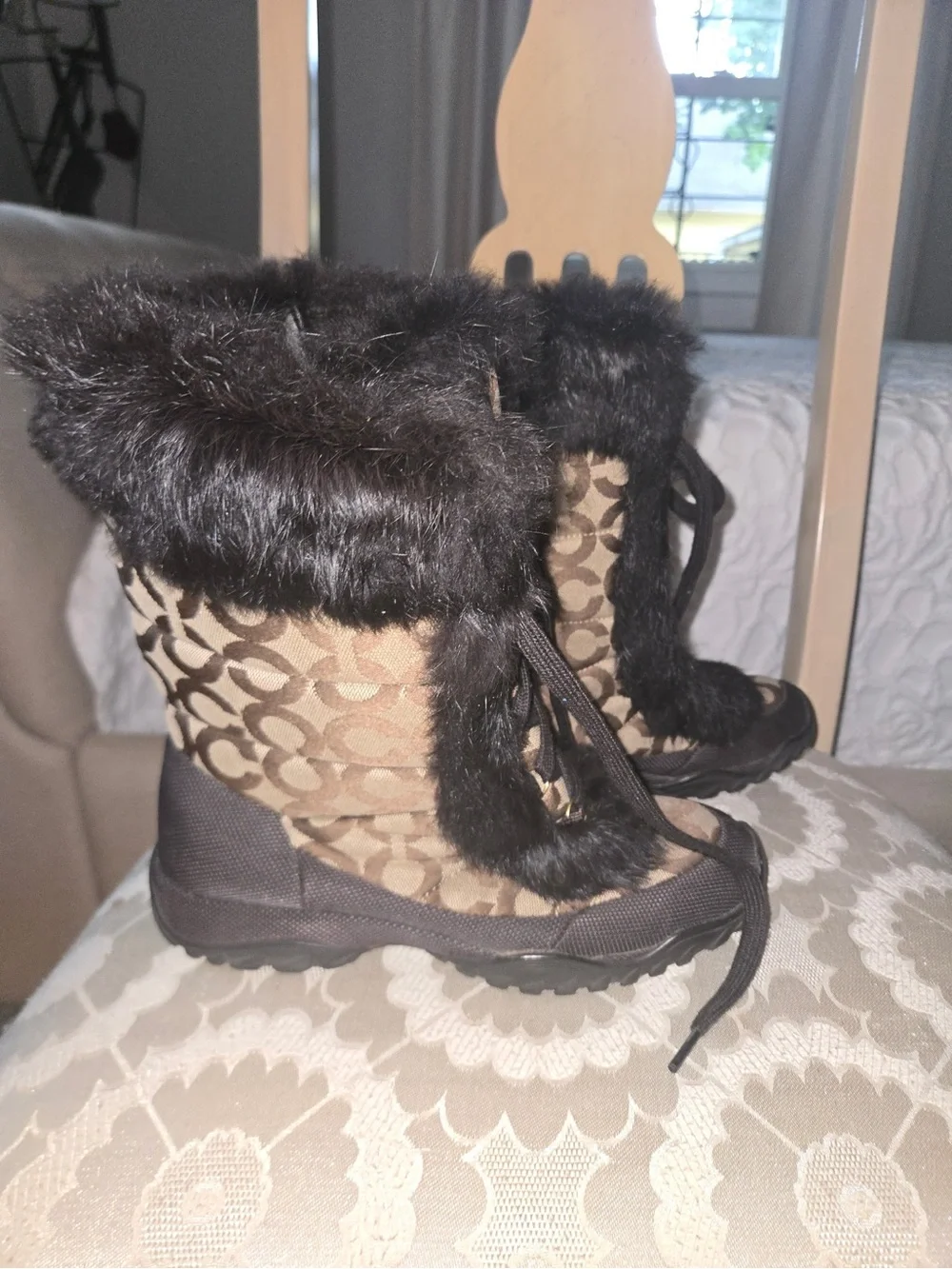 Coach Brown Signature Monogram Fur-Trim Lace-Up Winter Boots